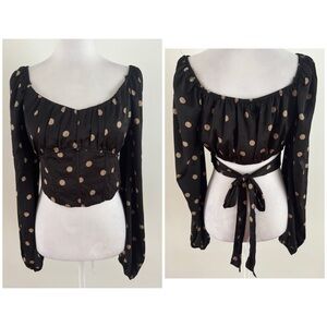 New! Blue Pepper Black Polka Dot Long-Sleeve Crop Top Large